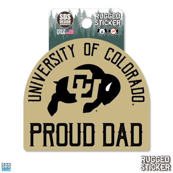 University of Colorado rugged sticker with the Colorado Buffaloes logo and "Proud Dad" text in black on a gold background.